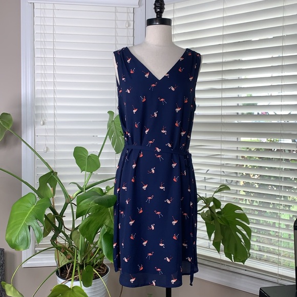 Verse Flamingo‎ Pattern Navy Dress Belted Women’s Size M / L - Picture 1 of 16